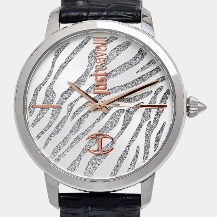 Pre Owned Just Cavalli Silver Stainless Steel Leather JC1L127L0015 Women's Wristwatch 38 mm