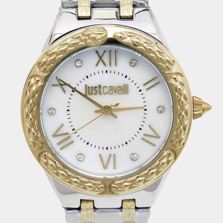 Pre Owned Just Cavalli Mother Of Pearl Two-Stainless Steel Cucitura JC1L200 Women's Wristwatch 35 mm