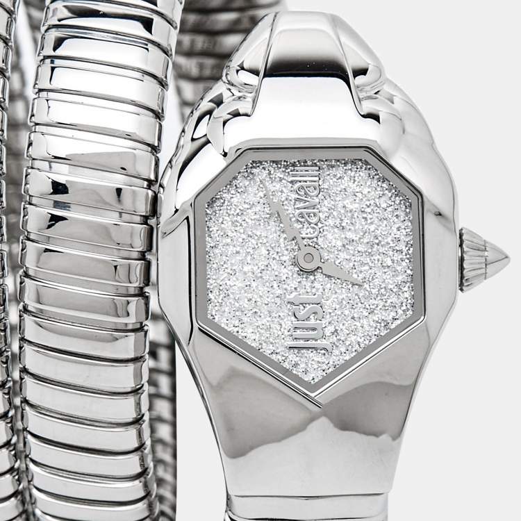 Pre Owned Just Cavalli Glitter Silver Stainless Steel Glam Chic Snake JC1L115M0015 Women's Wristwatch 22 mm