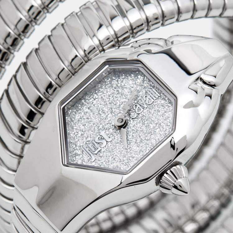 Pre Owned Just Cavalli Glitter Silver Stainless Steel Glam Chic Snake JC1L115M0015 Women's Wristwatch 22 mm