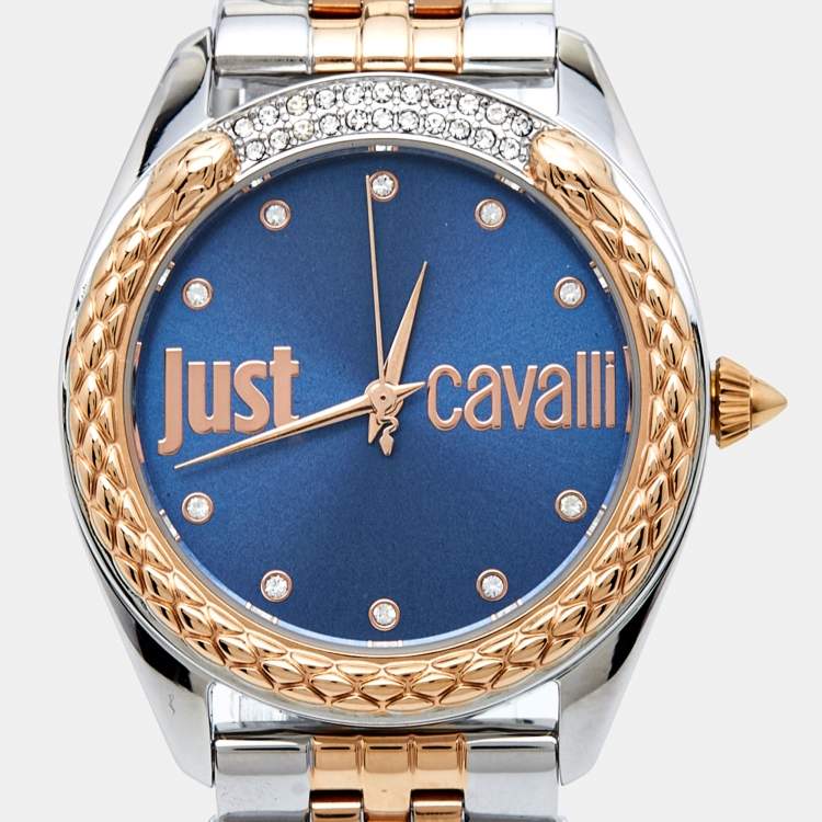 Pre Owned Just Cavalli Blue Two-Tone Stainless Steel Crystal Brillante JC1L195M0125 Women's Wristwatch 34 mm