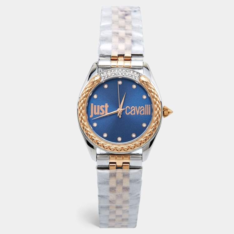 Pre Owned Just Cavalli Blue Two-Tone Stainless Steel Crystal Brillante JC1L195M0125 Women's Wristwatch 34 mm
