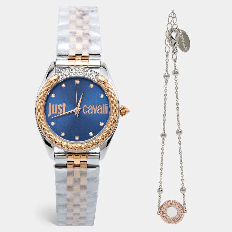 Pre Owned Just Cavalli Blue Two-Tone Stainless Steel Crystal Brillante JC1L195M0125 Women's Wristwatch 34 mm
