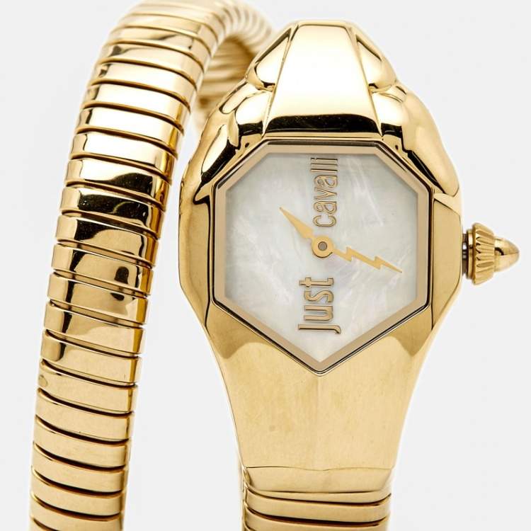 Pre Owned Just Cavalli Mother Of Pearl Yellow Gold Plated Stainless Steel Serpent JC1L001M0026 Women's Wristwatch 22 mm