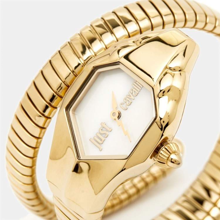 Pre Owned Just Cavalli Mother Of Pearl Yellow Gold Plated Stainless Steel Serpent JC1L001M0026 Women's Wristwatch 22 mm