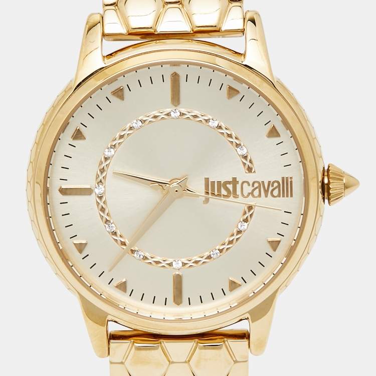 Pre Owned Just Cavalli Champagne Gold Plated Stainless Steel Emozioni JC1L149M0045 Women's Wristwatch Set 34 mm