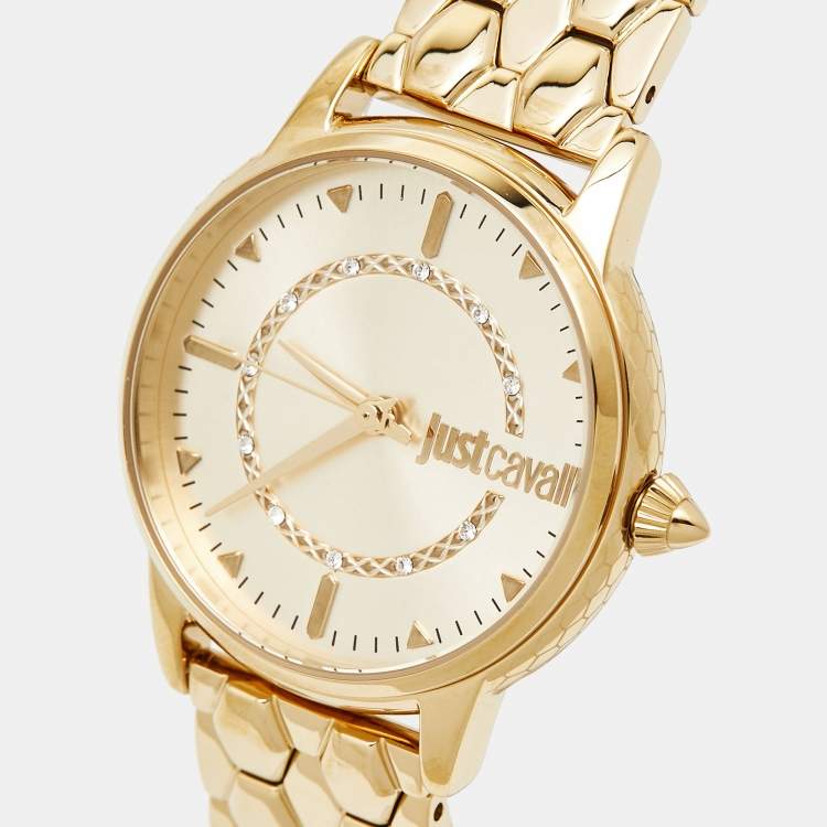 Pre Owned Just Cavalli Champagne Gold Plated Stainless Steel Emozioni JC1L149M0045 Women's Wristwatch Set 34 mm