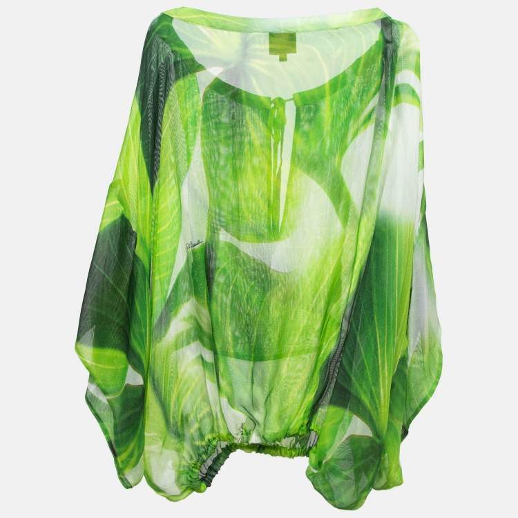 مملوكة مسبقًا Just Cavalli Green Abstract Print Silk Sheer Blouse M