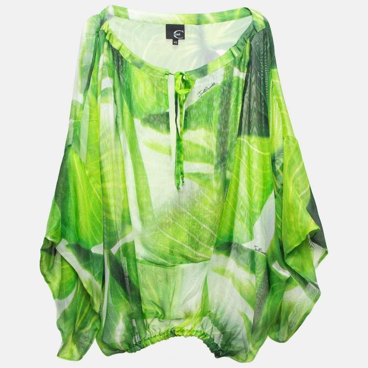 مملوكة مسبقًا Just Cavalli Green Abstract Print Silk Sheer Blouse M
