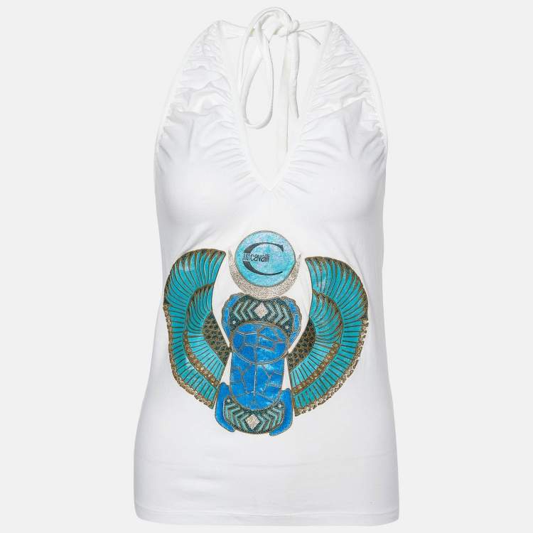 Pre Owned Just Cavalli White Printed Cotton Halter Neck Top M