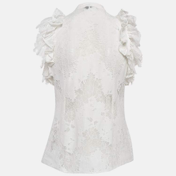 Pre Owned Just Cavalli White Lace Ruffled Sleeveless Shirt M