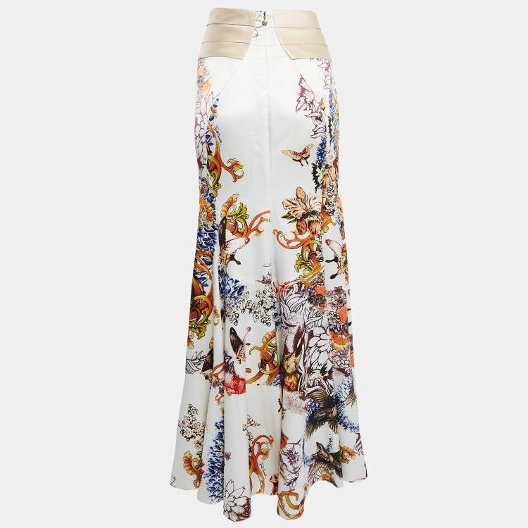 مملوكة مسبقًا Just Cavalli Cream Floral Print Satin Flared Maxi Skirt L