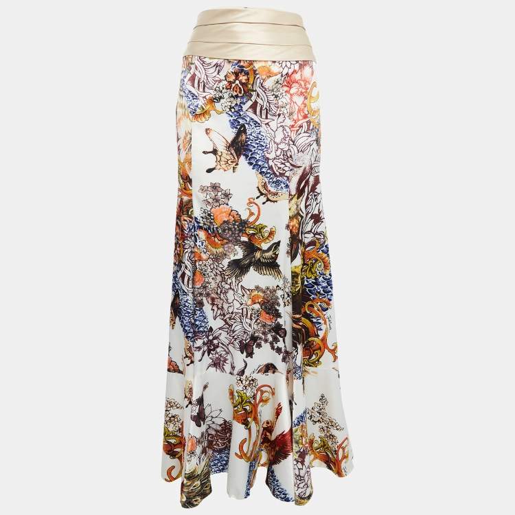 مملوكة مسبقًا Just Cavalli Cream Floral Print Satin Flared Maxi Skirt L