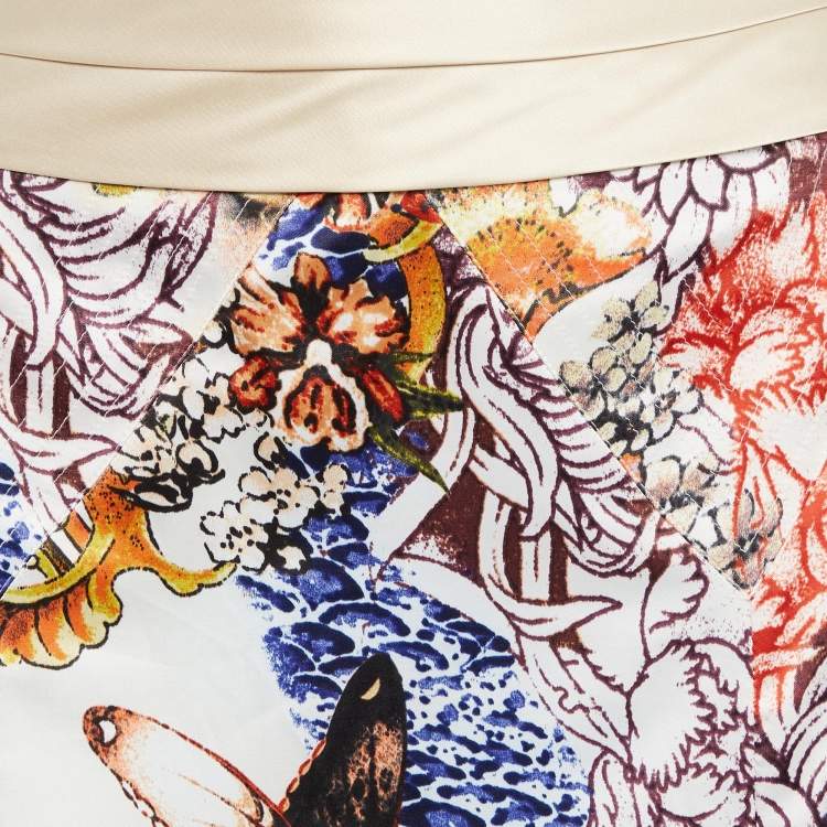 مملوكة مسبقًا Just Cavalli Cream Floral Print Satin Flared Maxi Skirt L