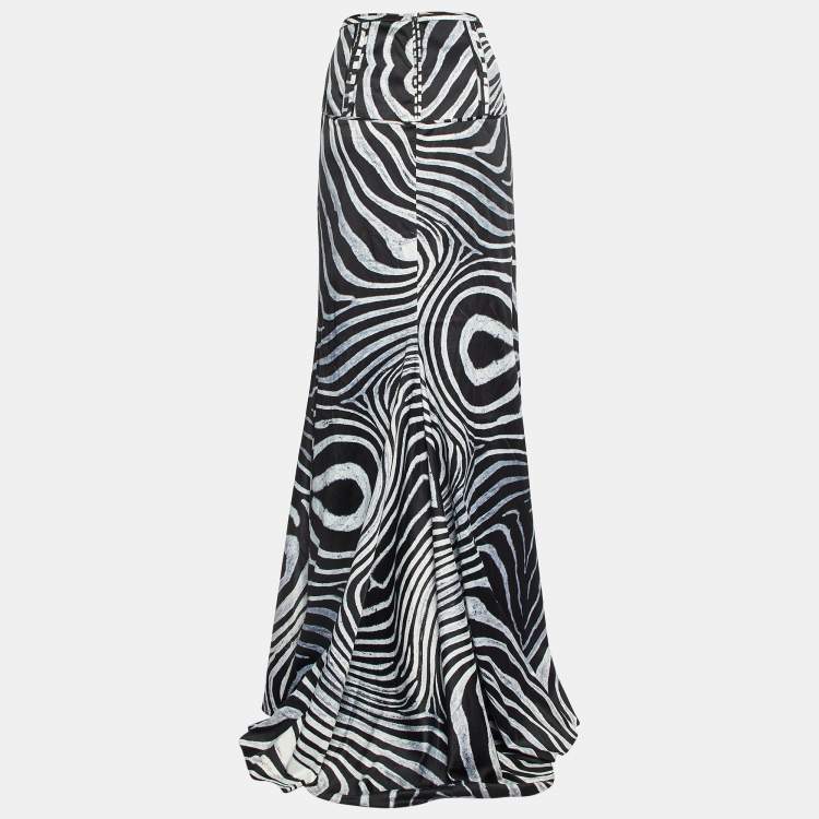 Pre Owned Just Cavalli Black/White Animal Print Satin Maxi Skirt L