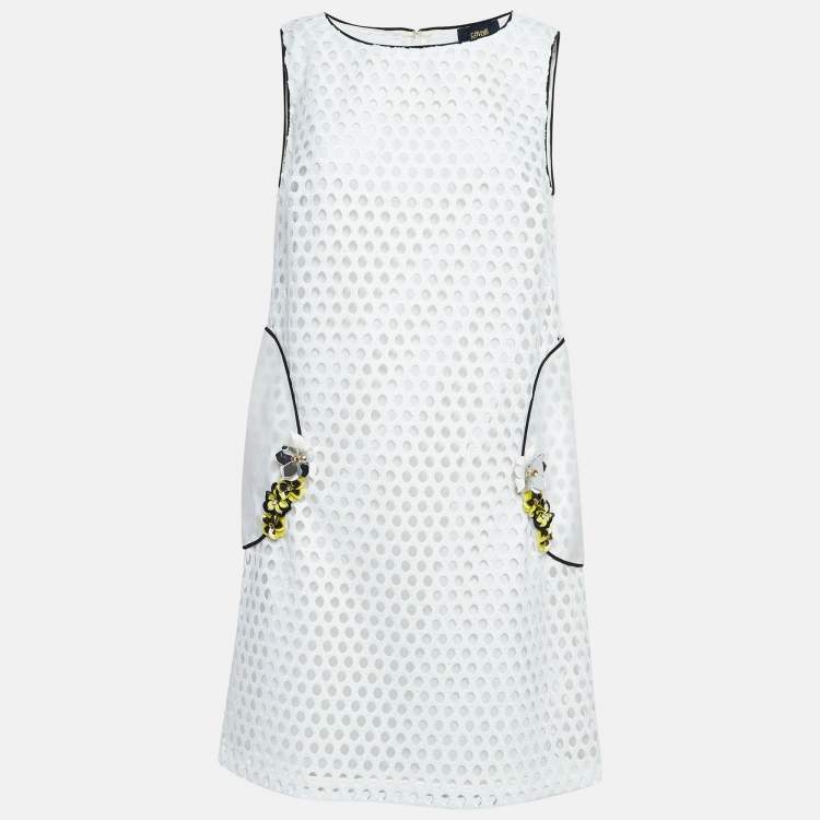 Pre Owned Just Cavalli White Floral Embellished Lace Sleeveless Shift Dress L