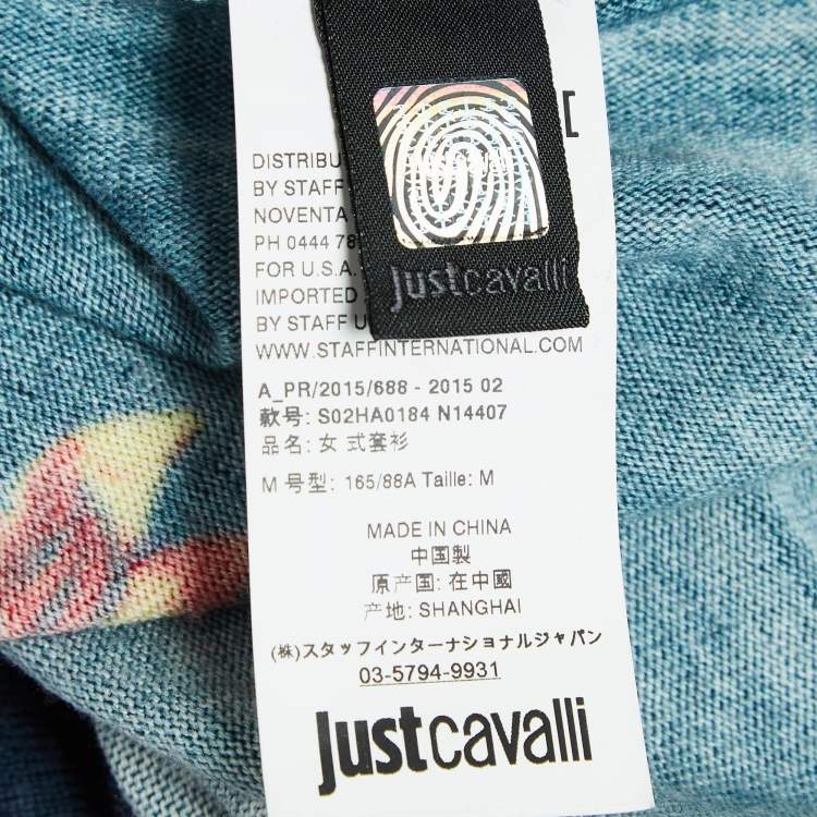 Pre Owned Just Cavalli Navy Blue Printed Knit Fringed Lace-Up Poncho Top M