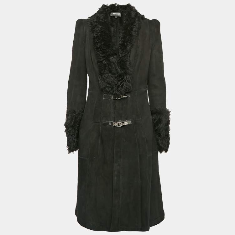 Pre Owned Just Cavalli Black Fur and Leather Mid-Length Coat S