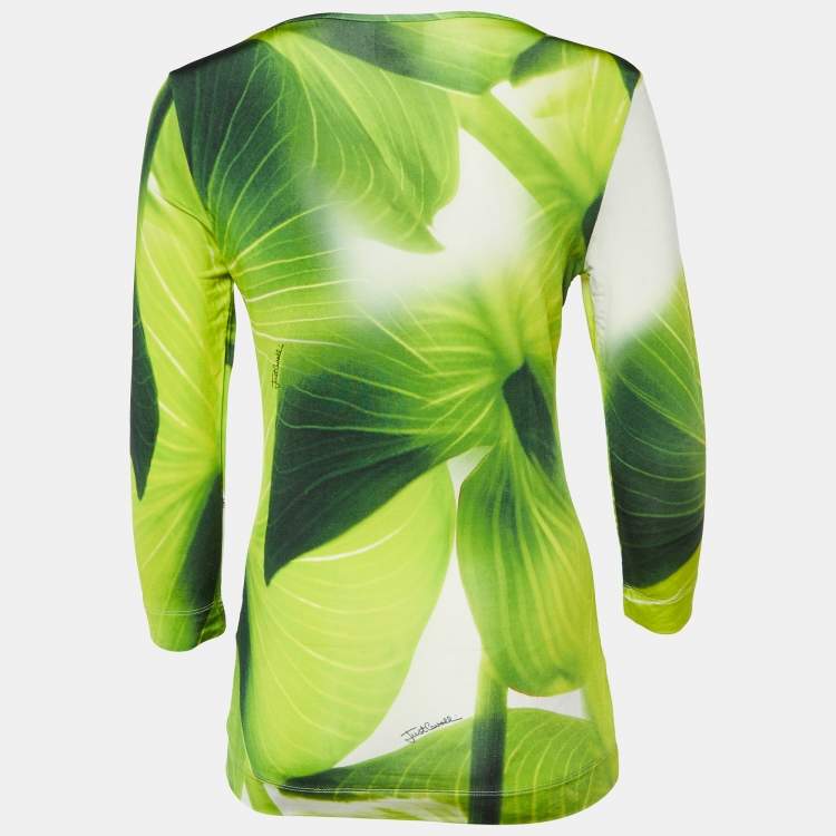 Pre Owned Just Cavalli Green Leaf Print Jersey Scoop Neck Top S