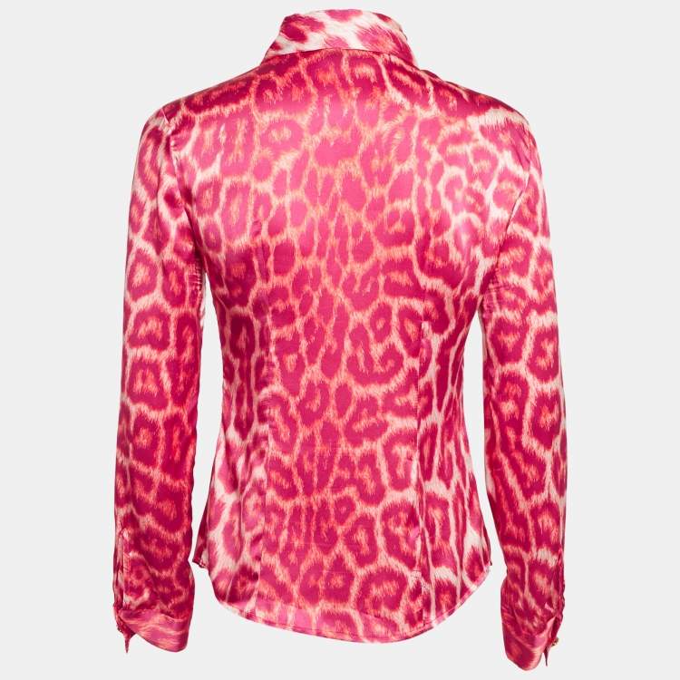 Pre Owned Just Cavalli Pink Leopard Print Satin Long Sleeve Shirt M