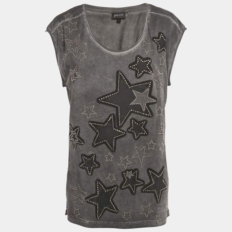 مملوكة مسبقًا Just Cavalli Grey Star Studded Cotton Sleeveless T-Shirt L