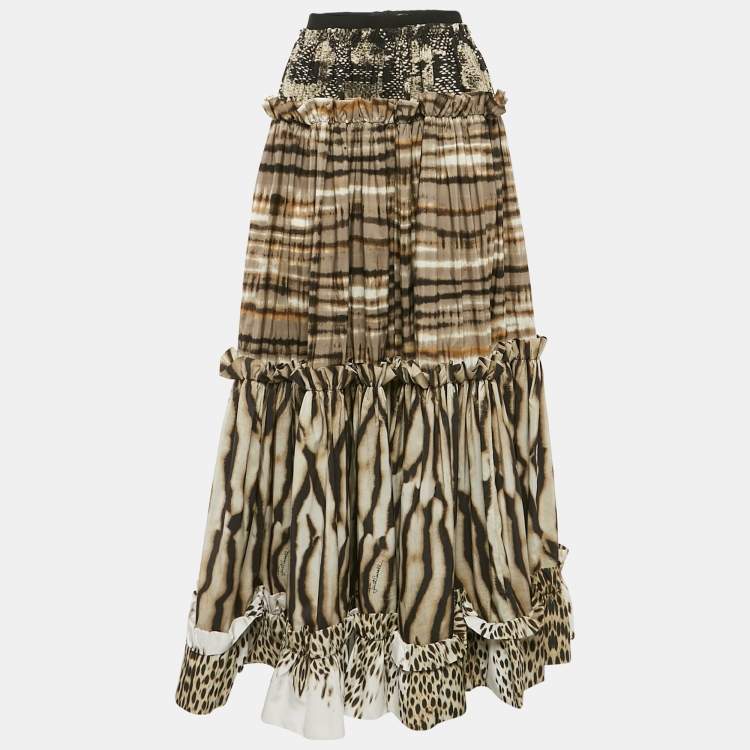 Pre Owned Just Cavalli Multicolor Printed Crepe Ruffled Maxi Skirt M