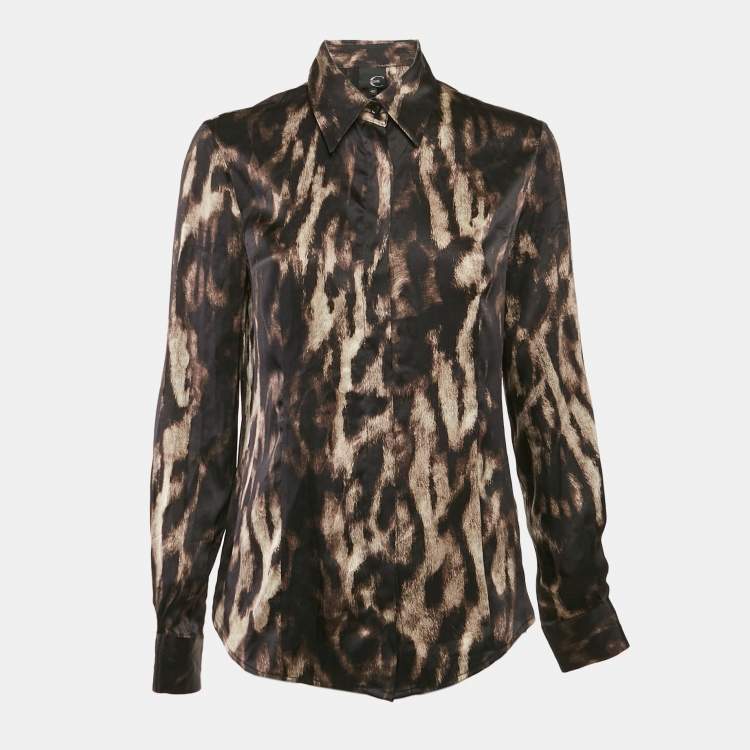 Pre Owned Just Cavalli Multicolor/Brown Animal Print Satin Silk Button Front Shirt M