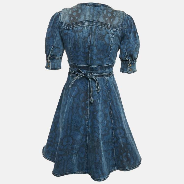 Pre Owned Just Cavalli Blue Printed Denim Flared Short Dress S