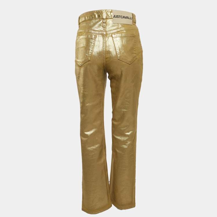 Pre Owned Just Cavalli Gold Coated Denim Straight Leg Jeans S Waist 28"