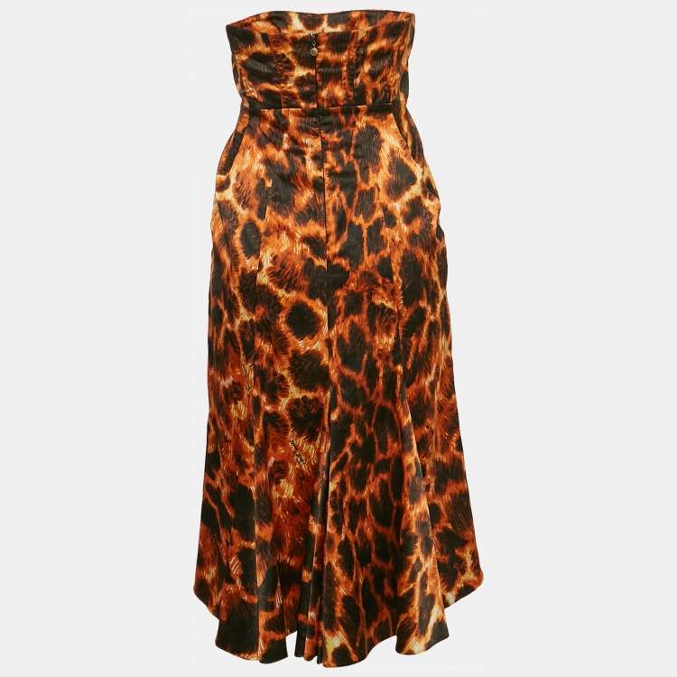 Pre Owned Just Cavalli Orange Printed Satin Strapless Midi Dress M