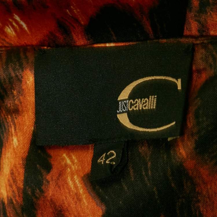 Pre Owned Just Cavalli Orange Printed Satin Strapless Midi Dress M
