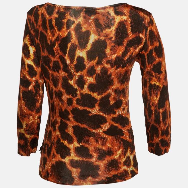 Pre Owned Just Cavalli Orange/Brown Animal Print Jersey Boat Neck Top M