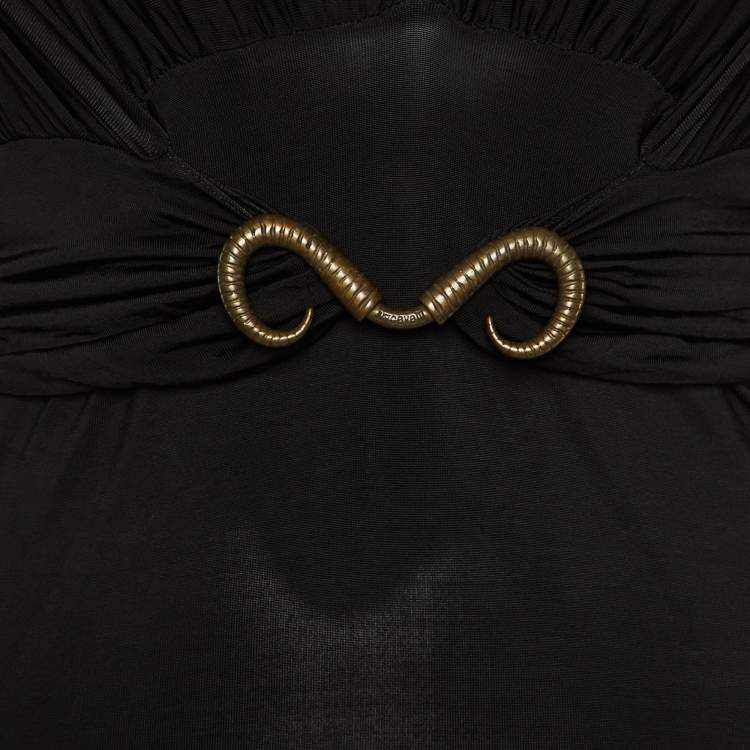 Pre Owned Just Cavalli Black Jersey Gathered Brooch Detail V-Neck Top M