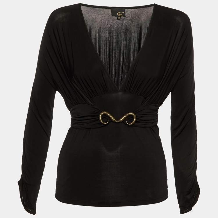 Pre Owned Just Cavalli Black Jersey Gathered Brooch Detail V-Neck Top M