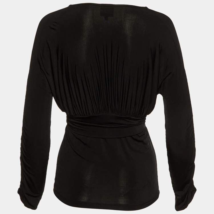 Pre Owned Just Cavalli Black Jersey Gathered Brooch Detail V-Neck Top M