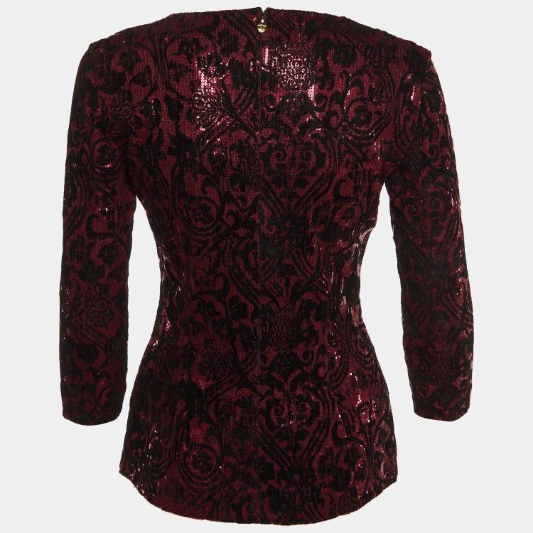 Pre Owned Just Cavalli Pink Flock Print Sequined Scoop Neck Top M