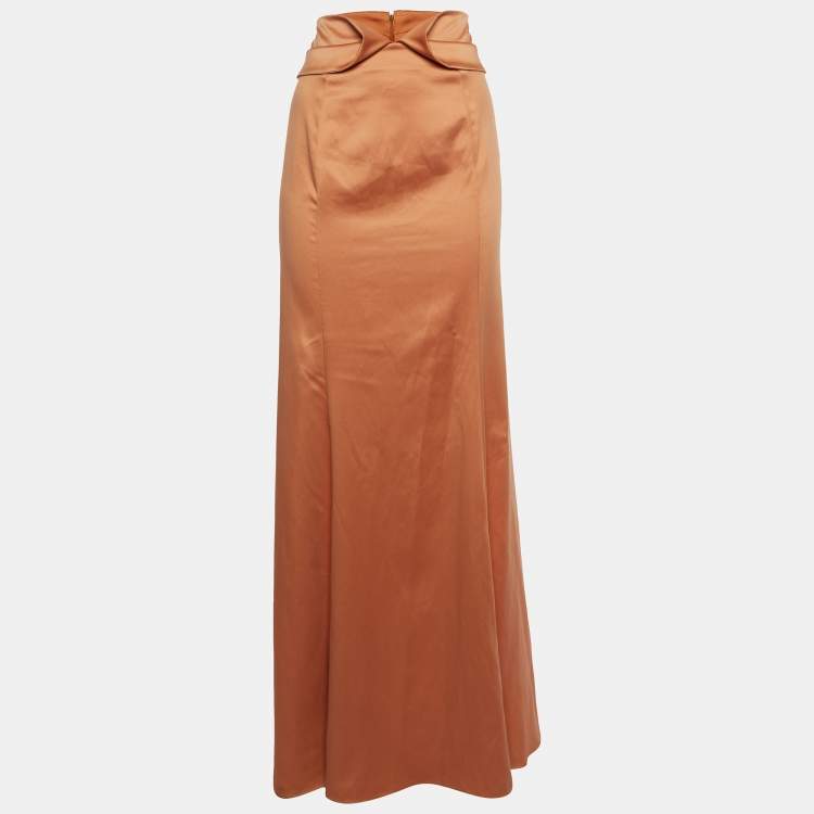 Pre Owned Just Cavalli Orange Satin Fit & Flare Maxi Skirt L