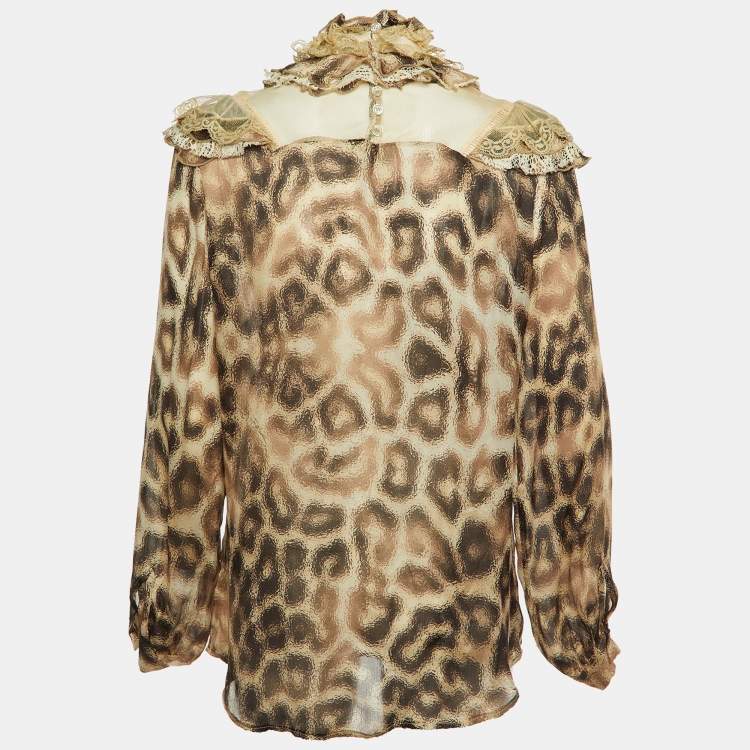 Pre Owned Just Cavalli Beige Animal Print Silk Lace Trim Ruffled Top S