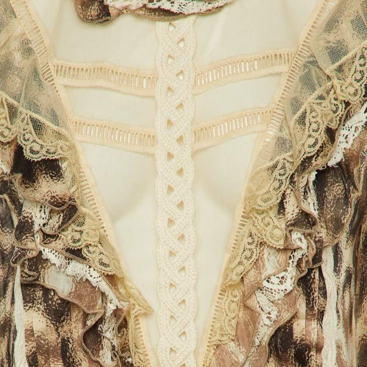 Pre Owned Just Cavalli Beige Animal Print Silk Lace Trim Ruffled Top S