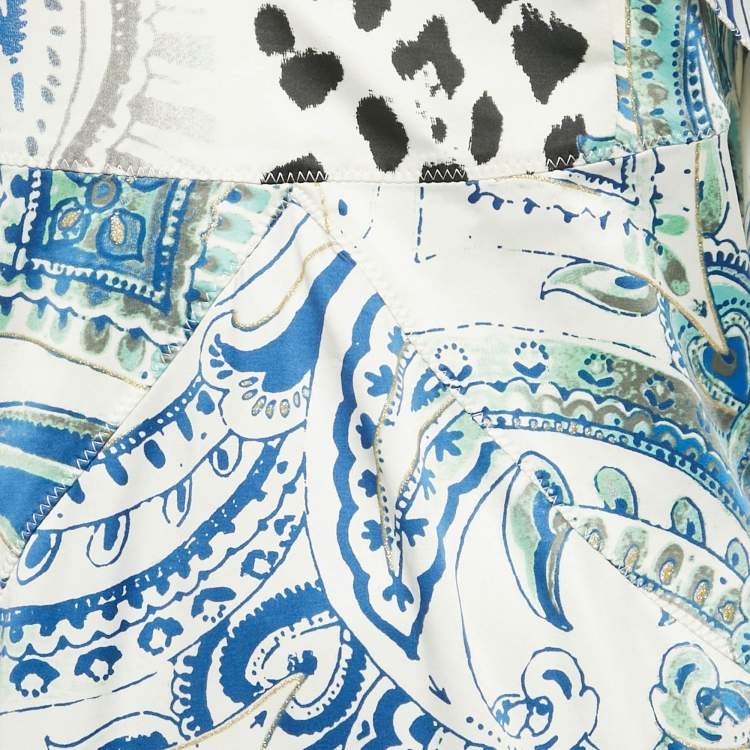Pre Owned Just Cavalli White Printed Satin Asymmetric Halter Maxi Dress M