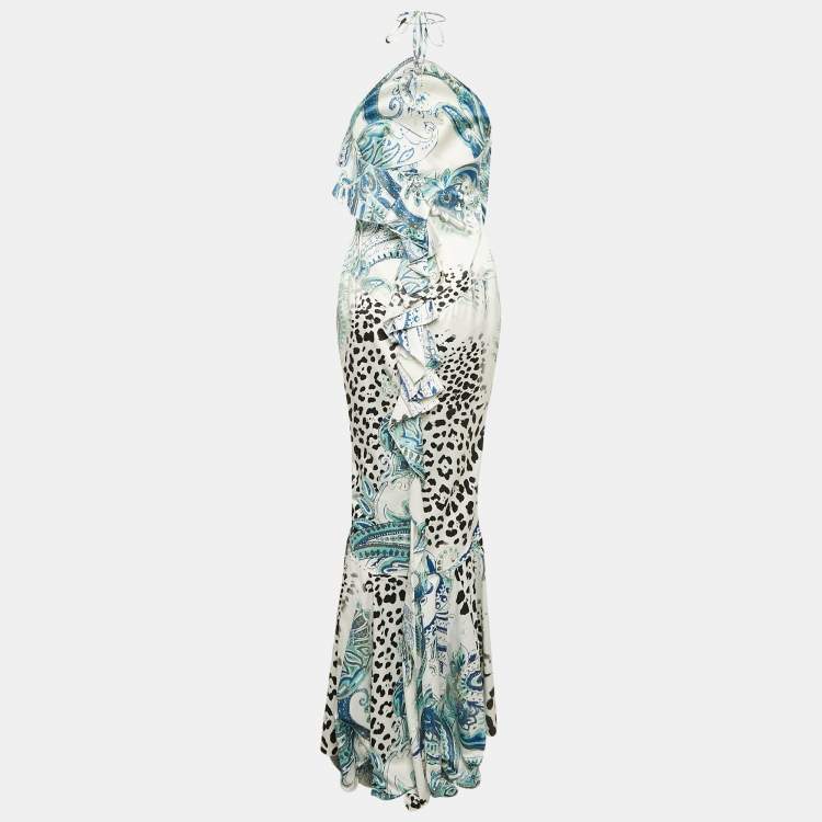 Pre Owned Just Cavalli White Printed Satin Asymmetric Halter Maxi Dress M