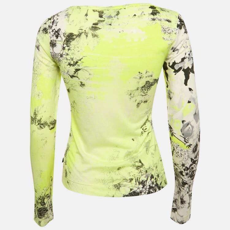 Pre Owned Just Cavalli Fluorescent Yellow Floral Print Cotton Knit Long Sleeve Top M