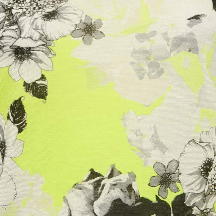 Pre Owned Just Cavalli Fluorescent Yellow Floral Print Cotton Knit Long Sleeve Top M