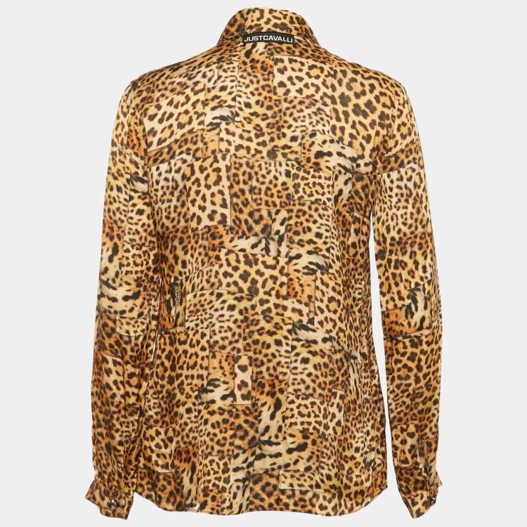 Pre Owned Just Cavalli Brown Satin Leopard Print Button Front Shirt S