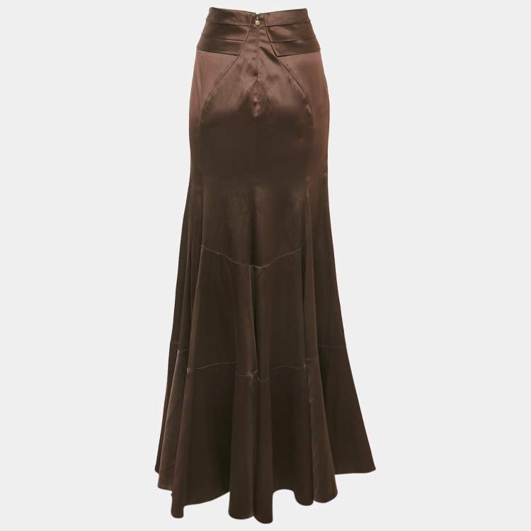 Pre Owned Just Cavalli Brown Stretch Satin Maxi Skirt M