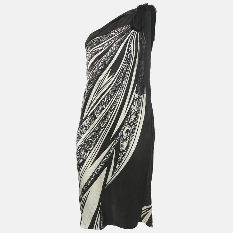 Pre Owned Just Cavalli Black printed Silk One Shoulder Dress S