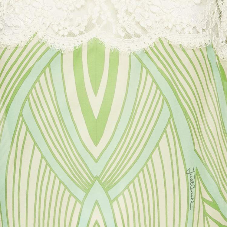 Pre Owned Just Cavalli Green Printed Lace Trim Silk Top L
