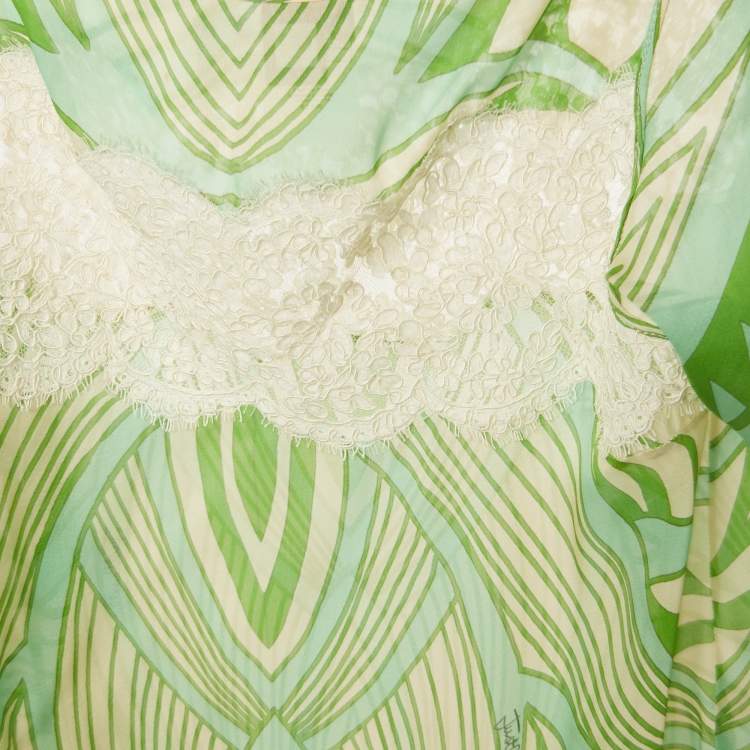 Pre Owned Just Cavalli Green Printed Lace Trim Silk Top L