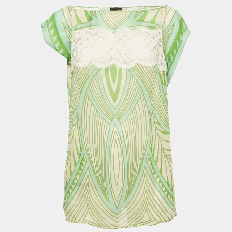 Pre Owned Just Cavalli Green Printed Lace Trim Silk Top L
