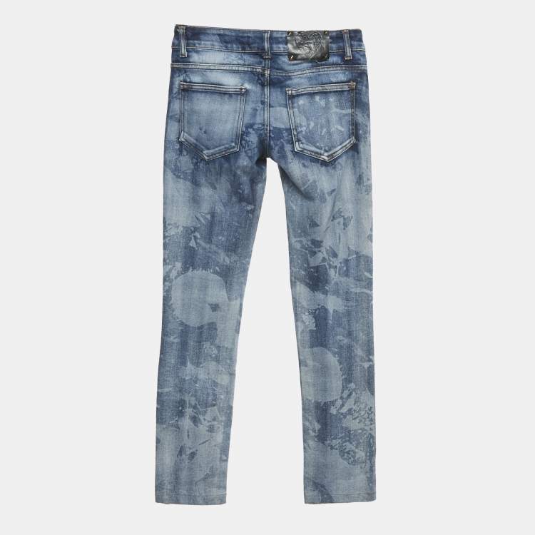 Pre Owned Just Cavalli Blue Patterned Denim Skinny Jeans S Waist 25"